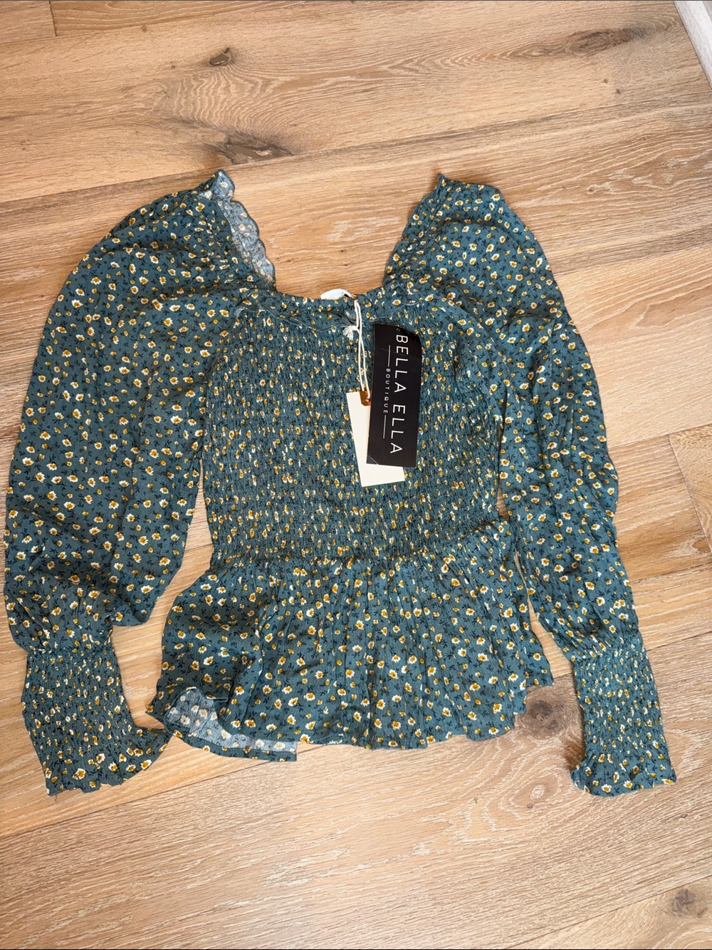 Bella Ella Green Floral Smocked Peplum Blouse